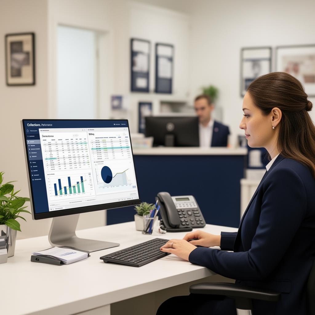 Dental office manager reviewing collections and billing performance reports